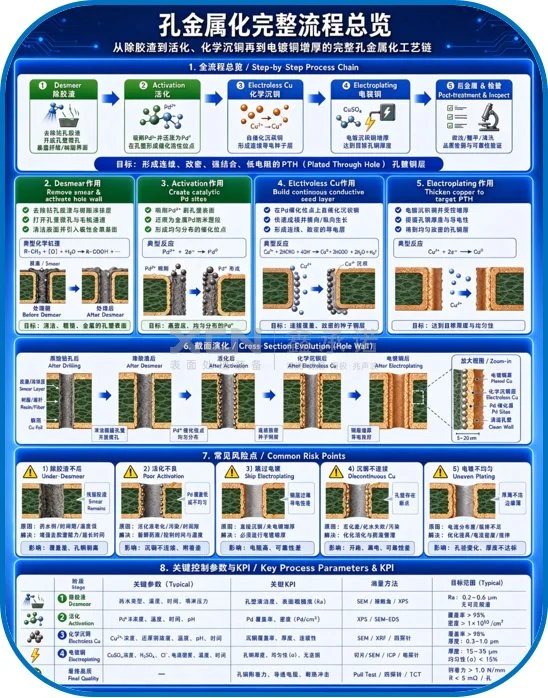 孔金属化完整流程总览：从除胶渣到活化、化学沉铜再到电镀铜增厚的完整孔金属化工艺链