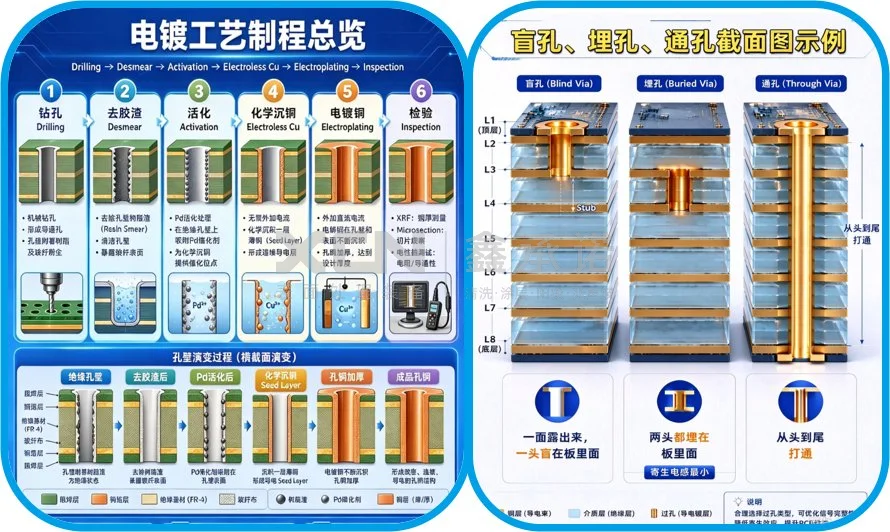 电镀工艺制程总览与盲孔、埋孔、通孔截面示例