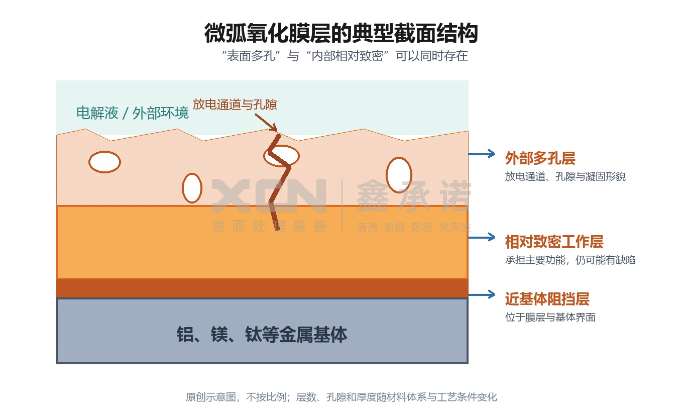 微弧氧化膜层典型截面结构示意图：外部多孔层、相对致密工作层、近基体阻挡层与金属基体